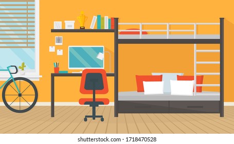 Modern teenager room interior with trendy workspace for homework: table, chair lamp, computer, stationery, books and bunk bed. Flat style vector illustration.