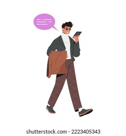 Personaje masculino moderno adolescente que mira en la pantalla de Smartphone Leer o enviar mensajes de audio en teléfono móvil en Internet. Gadget, Concepto de comunicación por teléfono móvil. Ilustración del vector de dibujos animados