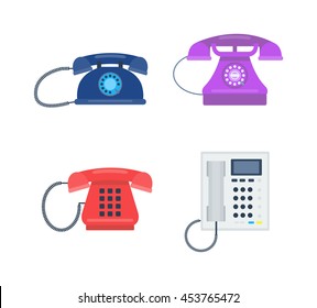 Modern telephones and vintage old retro style phones vector isolated on white background. Blue, yellow, red and black communication tools 