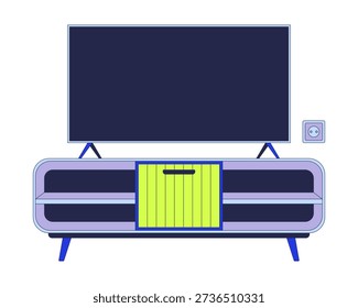 Modern television placed on stylish media console table 2D cartoon object. Entertainment center. TV stand. Contemporary home furniture isolated element flat vector clip art on white. Spot illustration