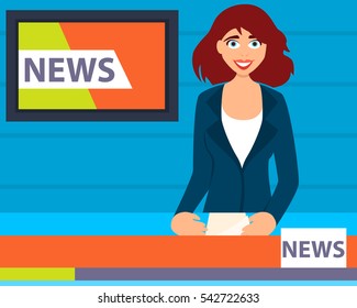 Modern television presenter tells news in a studio. Vector illustration