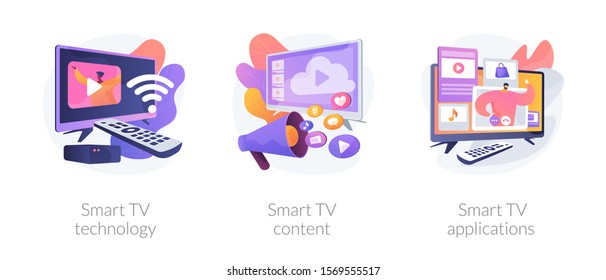 Modern television technology metaphors set. Smart TV, content, applications. Network connected interactive device. Internet TV, broadcasting media. Vector isolated concept metaphor illustrations