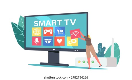 Modern Television Technology Smart Tv, Content, Applications Concept. Tiny Female Character Put Multimedia Icons on Huge Tv Screen. Internet Tv, Broadcasting Media. Cartoon People Vector Illustration