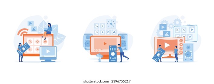 Modern television technology. Smart TV box. Smart tv technology.  Smart TV set flat vector modern illustration 