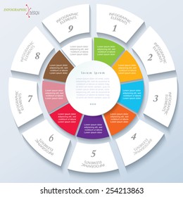 Modern Template For Business Project Or Presentation With Circle And Nine Segments. Vector Illustration Can Be Used For Web Design,  Workflow Or Graphic Layout, Diagram, Education