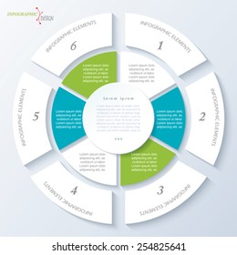 Modern template for business project or presentation with circle and six segments. Vector illustration can be used for web design, workflow or graphic layout, diagram, education