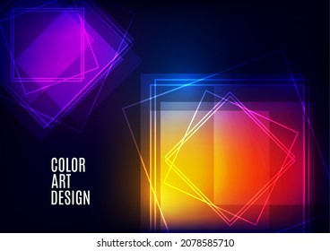 Plantilla moderna para presentación de negocios o tecnología. Los cuadrados de formas geométricas superpuestas abstractas y luminosas sobre un fondo oscuro. Presentación en línea de elemento web y lugar de texto. Vector