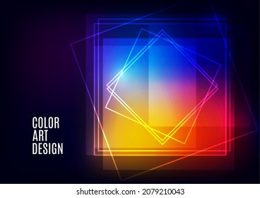 Plantilla moderna para presentación de negocios o tecnología. Los cuadrados de formas geométricas superpuestas abstractas y luminosas sobre un fondo oscuro. Presentación en línea de elemento web y lugar de texto. Vector