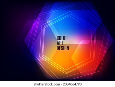 Plantilla moderna para presentación de negocios o tecnología. Exagones de formas geométricas superpuestas abstractas y luminosas sobre un fondo oscuro. Presentación en línea de elemento web y lugar de texto. Vector