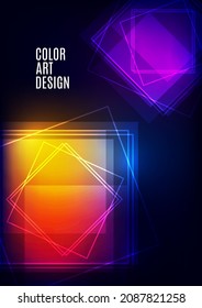 Plantilla moderna para presentación de negocios o tecnología. Los cuadrados de formas geométricas superpuestas abstractas y luminosas sobre un fondo oscuro. Presentación en línea de elemento web y lugar de texto. Vector 