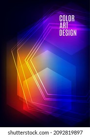 Plantilla moderna para presentación de negocios o tecnología. Exagones de formas geométricas superpuestas abstractas y luminosas sobre un fondo oscuro. Presentación en línea de elemento web y lugar de texto. Vector