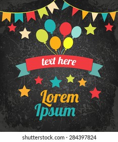 modern template Ã?Â±ute card with tags, flags, balloons and stars on a chalk blackboard