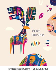 Modern template with Christmas deer in Scandinavian style. Abstract holiday  illustration for Christmas and New Year decoration