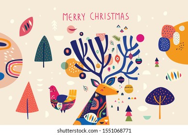 Modern template with Christmas deer in Scandinavian style. Abstract holiday  illustration for Christmas and New Year decoration