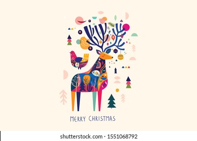 Modern template with Christmas deer in Scandinavian style. Abstract holiday  illustration for Christmas and New Year decoration