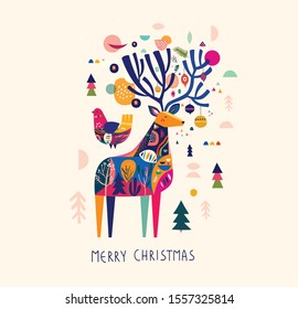 Modern template with Christmas deer in Scandinavian style. Abstract holiday  illustration for Christmas and New Year decoration