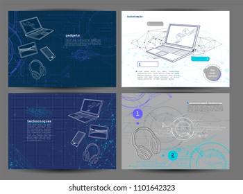 Modern template collection on technology theme. Blueprint style. Graphic backgrounds with laptops, headphones, smartphone and tablet. Abstract technic theme.