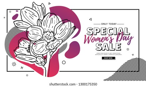 Modern Template design for 8 march event.  Promotion banner  for international women's day offer with flower decoration.  Line illustration blossom with abstract geometric shape for sale. Vector.