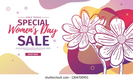 Modern Template design for 8 march event.  Promotion banner  for international women's day offer with flower decoration.  Line illustration blossom floral with abstract geometric shape sale. Vector.