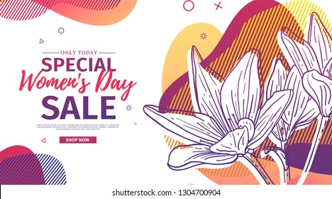 Modern Template design for 8 march event.  Promotion banner  for international women's day offer with flower decoration.  Line illustration blossom floral with abstract geometric shape sale. Vector.