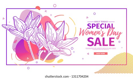 Modern Template design for 8 march event.  Promotion banner  for international women's day offer with flower decoration.  Line illustration lily blossom with abstract geometric shape for sale. Vector.