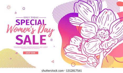 Modern Template design for 8 march event.  Promotion banner  for international women's day offer with flower decoration.  Line illustration blossom with abstract geometric shape for sale. Vector.