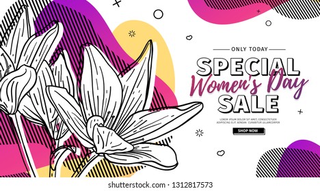 Modern Template design for 8 march event.  Promotion banner  for international women's day offer with flower decoration.  Line illustration lily blossom with abstract geometric shape for sale. Vector.