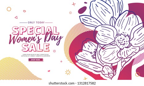 Modern Template design for 8 march event.  Promotion banner  for international women's day offer with flower decoration.  Line illustration blossom with abstract geometric shape for sale. Vector.