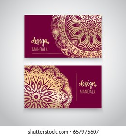 Modern template for design, beautiful Indian pattern mandala in gold color. Can be used to create business cards, invitations, for printing on phone.