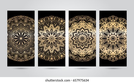 Modern template for design, beautiful Indian pattern mandala in gold color. Can be used to create business cards, invitations, for printing on phone.