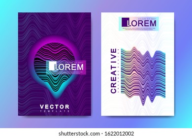 Modern template design for a cover, posters, report, brochure, flyer, leaflets. 3D lines optical illusion covers with glitched forms and geometric shapes. Futuristic science and technology design