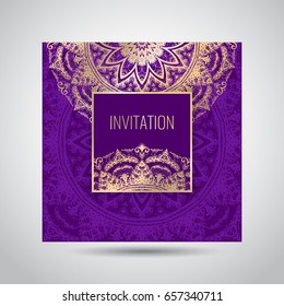 Modern template for design greeting cards, invitations, posters with beautiful gold Indian ornament mandala.