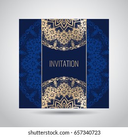 Modern template for design greeting cards, invitations, posters with beautiful gold Indian ornament mandala.