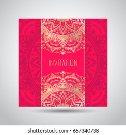 Modern template for design greeting cards, invitations, posters with beautiful gold Indian ornament mandala.