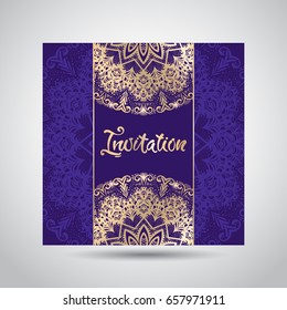 Modern template for design greeting cards, invitations, posters with beautiful gold Indian ornament mandala.