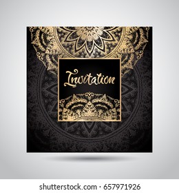 Modern template for design greeting cards, invitations, posters with beautiful gold Indian ornament mandala.