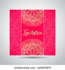 Modern template for design greeting cards, invitations, posters with beautiful gold Indian ornament mandala.