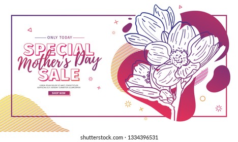 Modern Template design for Mom day banner. Promotion layout for mother's day offer with flower decoration. Line illustration  floral blossom with abstract geometric shape for sale. Vector