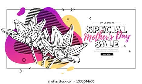 Modern Template design for Mom day banner. Promotion layout for mother's day offer with flower decoration. Line illustration  floral blossom with abstract geometric shape for sale. Vector