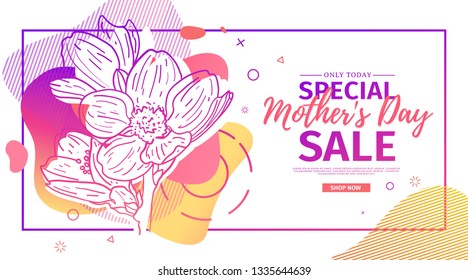 Modern Template design for Mom day banner. Promotion layout for mother's day offer with flower decoration. Line illustration  floral blossom with abstract geometric shape for sale. Vector