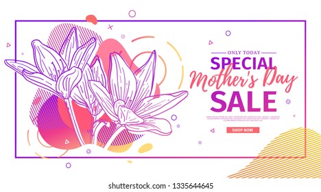 Modern Template design for Mom day banner. Promotion layout for mother's day offer with flower decoration. Line illustration  floral blossom with abstract geometric shape for sale. Vector