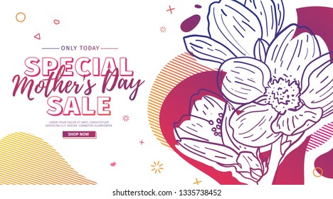 Modern Template design for Mom day banner. Promotion layout for mother's day offer with flower decoration. Line illustration  floral blossom with abstract geometric shape for sale. Vector
