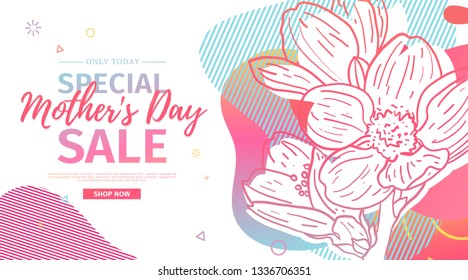 Modern Template design for Mom day banner. Promotion layout for mother's day offer with flower decoration. Line illustration  floral blossom with abstract geometric shape for sale. Vector