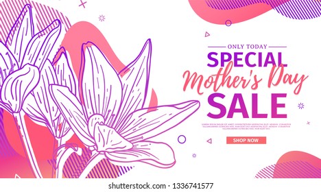 Modern Template design for Mom day banner. Promotion layout for mother's day offer with flower decoration. Line illustration  floral blossom with abstract geometric shape for sale. Vector