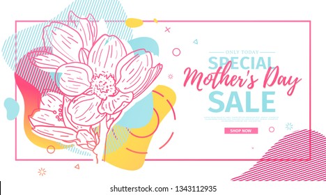 Modern Template design for Mom day banner. Promotion layout for mother's day offer with flower decoration. Line illustration  floral blossom with abstract geometric shape for sale. Vector