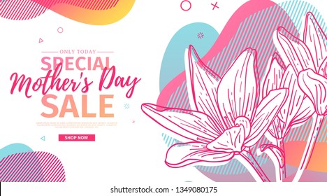 Modern Template design for Mom day banner. Promotion layout for mother's day offer with flower decoration. Line illustration  floral blossom with abstract geometric shape for sale. Vector