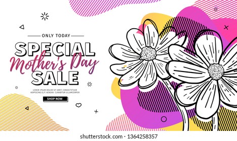 Modern Template design for Mom day banner. Promotion layout for mother's day offer with flower decoration. Line illustration  floral blossom with abstract geometric shape for sale. Vector