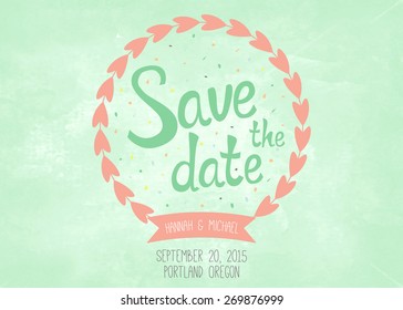 Modern template design for Save the Date Concept with floral frame on a mint watercolor background. Vector card 5 x 7 inches