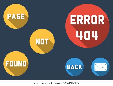 Modern template for Error 404 - Page not found with colorful flat bubbles with text with long shadow and option for back and contact