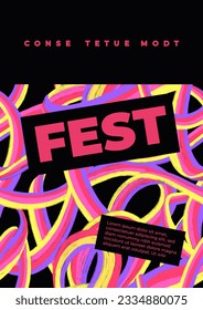 Modern template for fest poster with pattern with rainbow ribbon. Three dimensional volumetric curved rainbow. Chalk drawing texture. Contemporary layout. Pop art style placard, banner with typography